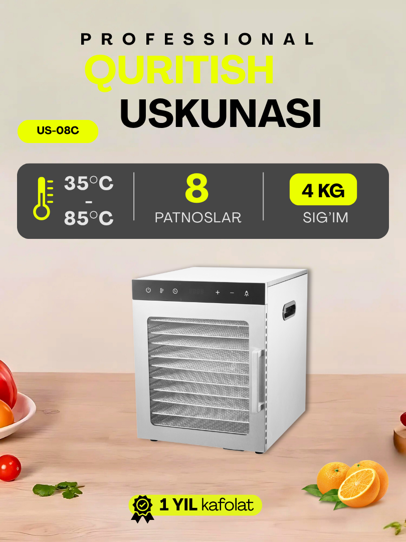 Uskunalar.uz - 8 poddonli degidrator quritgich, meva va sabzavotlar uchun raqamli vaqt va haroratni nazorat qiluvchi