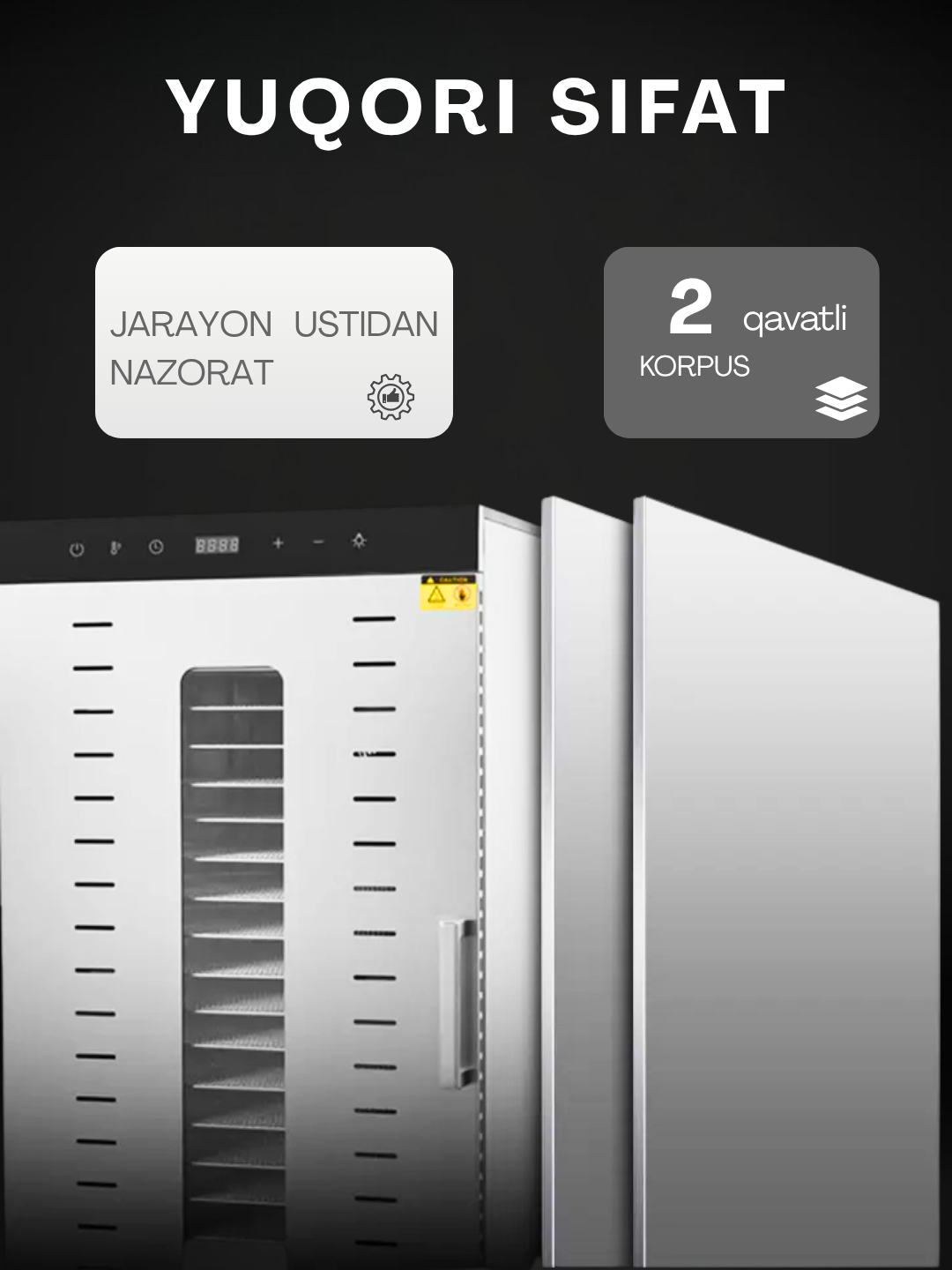 Uskunalar.uz - Sabzavotlar uchun  US-16 degidratori, Sabzavot va mevalar, mevalar va go‘sht uchun quritgich, ikki qatlamli, tijorat
