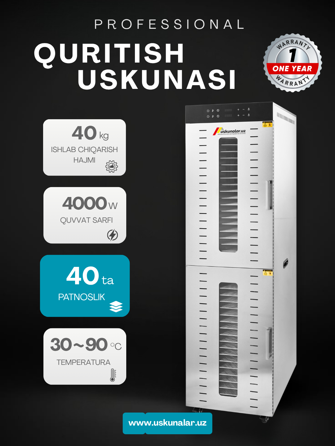Uskunalar.uz - Sabzavot va mevalar uchun quritgich / meva, sabzavot va pastilalar uchun degidrator Uskunalar.uz US-40