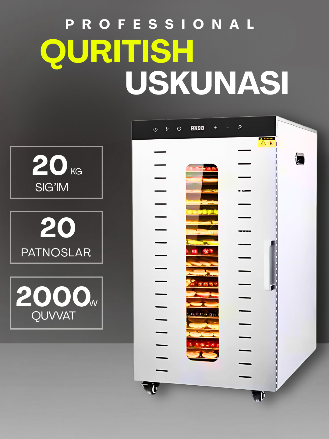 Uskunalar.uz - Sabzavot va mevalar uchun quritgich / meva, sabzavot va pastilalar uchun degidrator Uskunalar.uz US-20