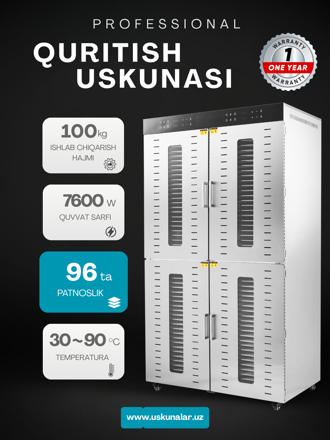 Uskunalar.uz - Quritgich-degidratatori Uskunalar.uz US-96, sabzavot, meva va go‘sht uchun mo‘ljallangan.