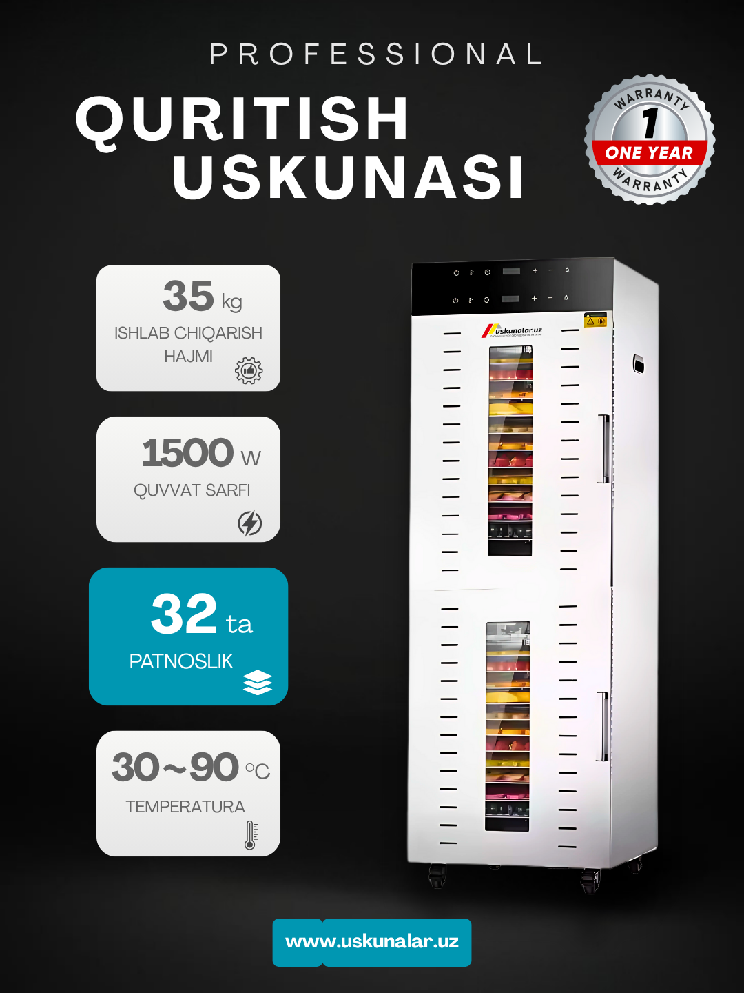 Uskunalar.uz - Sabzavot va mevalar uchun quritgich / meva, sabzavot va pastilalar uchun degidrator Uskunalar.uz US-32