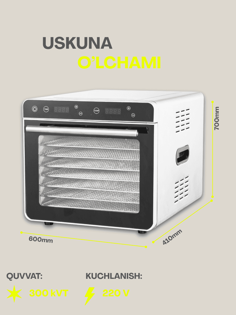Uskunalar.uz - 8 poddonli degidrator quritgich, meva va sabzavotlar uchun raqamli vaqt va haroratni nazorat qiluvchi