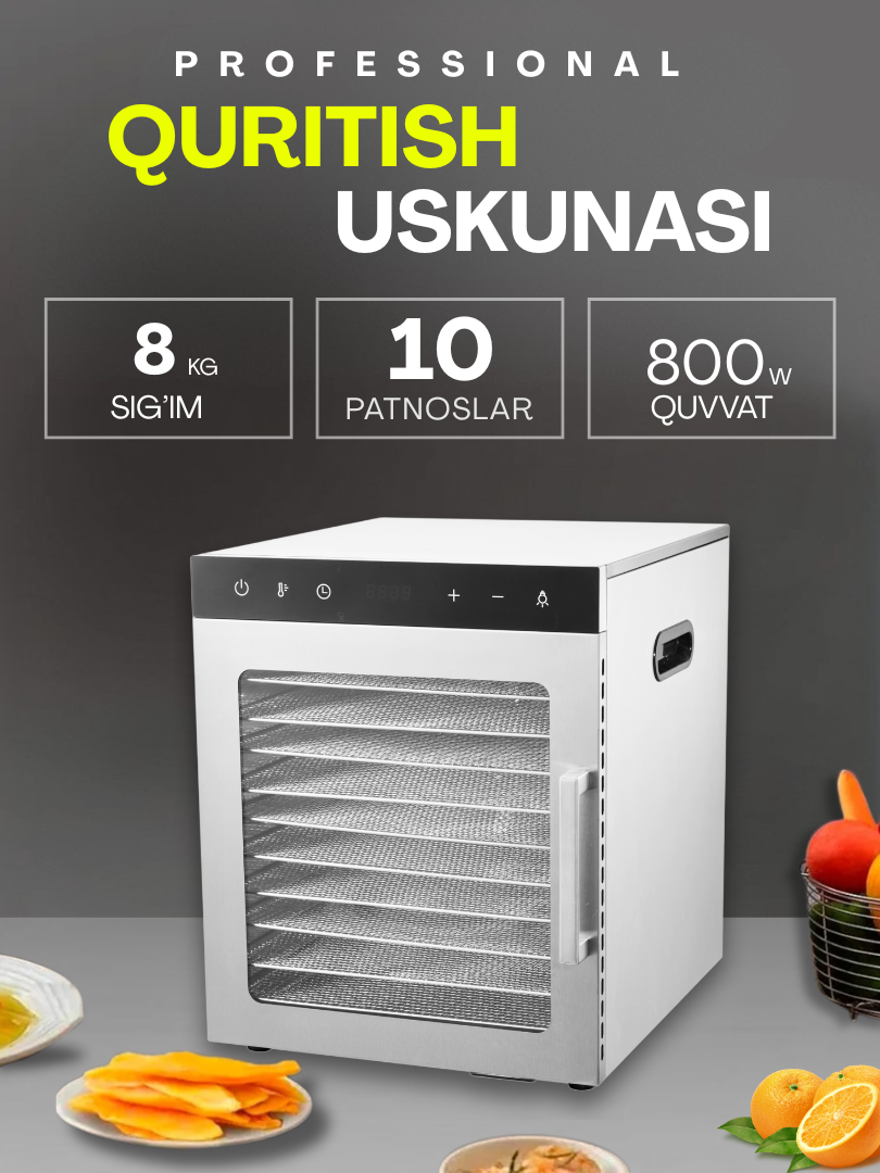 Uskunalar.uz - Sabzavot va mevalar uchun quritgich Uskunalar.uz US-10 / 10 ta patnisli degidrator, 29 litr sig‘im