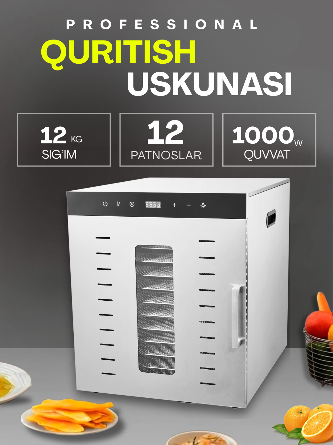 Uskunalar.uz - Сушилка для овощей и фруктов / дегидратор для фруктов, овощей и пастилы Uskunalar.uz US-12