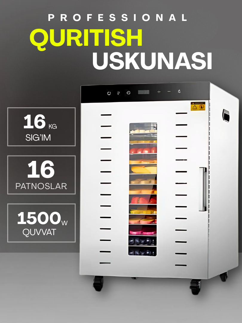 Uskunalar.uz - Sabzavotlar uchun  US-16 degidratori, Sabzavot va mevalar, mevalar va go‘sht uchun quritgich, ikki qatlamli, tijorat