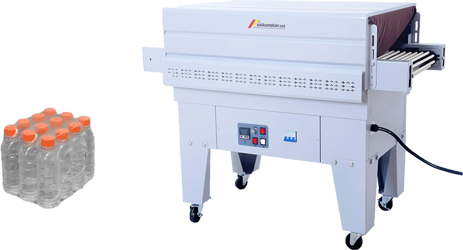 termoqadoqlash, muhrlash va kesish, POF, konveyer, sirkulyatsion termoqadoqlash, qutili choy qadoqlash, qutili kofe qadoqlash, gazli ichimlik qadoqlash, baklashka bloklash, shishani bloklash uskunasi, plyonka o'rash uskunasi, bloklash uskunasi