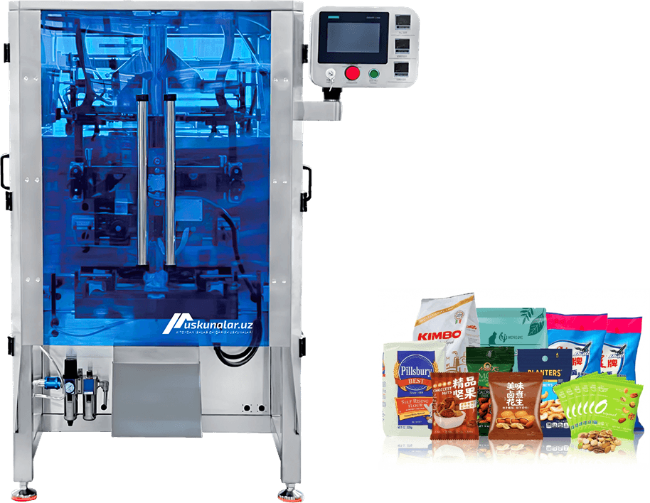 vertikal qadoqlash uskunasi, granula qadoqlash, chips qadoqlash, konfet qaqolash, shokolad qadoqlash, dori qadoqlash, yong'oq qadoqlash, chuchvara qadoqlash, qadoqlash uskunasi