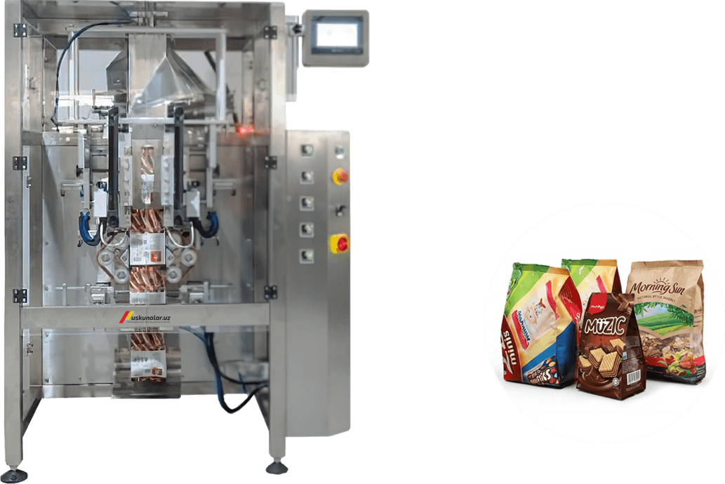 vertikal qadoqlash uskunasi, granula qadoqlash, chips qadoqlash, konfet qaqolash, shokolad qadoqlash, dori qadoqlash, yong'oq qadoqlash, chuchvara qadoqlash, qadoqlash uskunasi