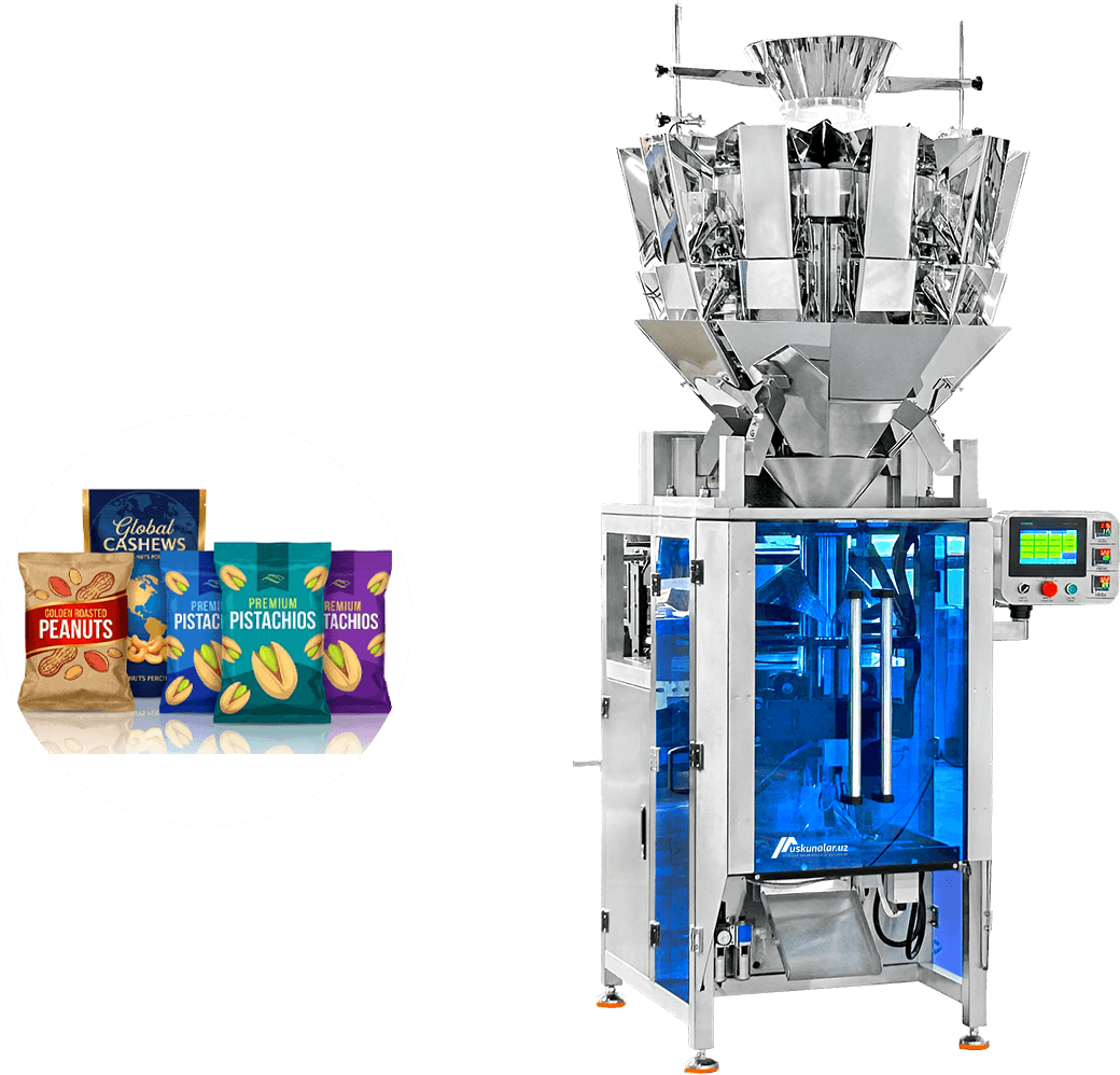 vertikal qadoqlash uskunasi, granula qadoqlash, chips qadoqlash, konfet qaqolash, shokolad qadoqlash, dori qadoqlash, yong'oq qadoqlash, chuchvara qadoqlash, qadoqlash uskunasi